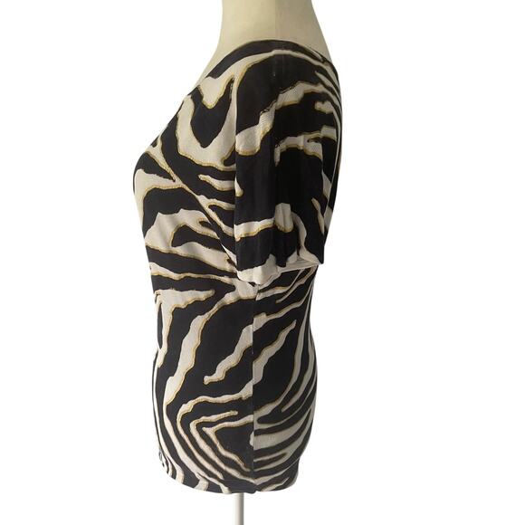 Cache Zebra Print Metallic Gold, Navy, & White Short Sleeve Sweater Small - Picture 6 of 13